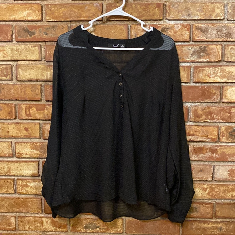 A New Approach XL sheer blouse half button roll up sleeves tie black (NWOT)